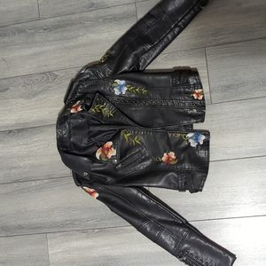 Faux leather floral stitched jacket